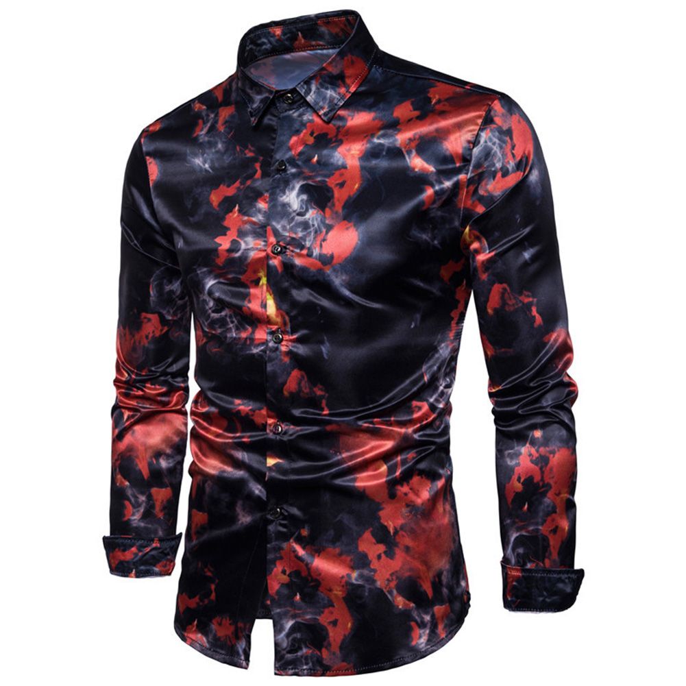 Spring Autumn Men Ink Painting Turn Down Collar Long Sleeve Shirt Slim Fit Top