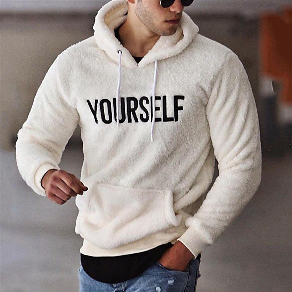 Autumn Winter Men Warm Plush Fleece Hoodie Sweatshirts Casual Long Sleeve Letter Print Hooded Pullover Top With Kangaroo Pocket
