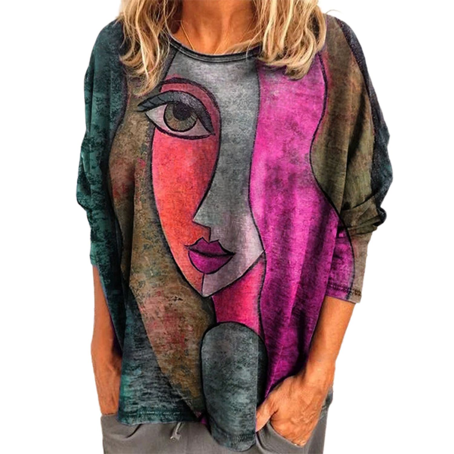 Tee Top Plus Sizes Abstract Face Print Casual Blouse