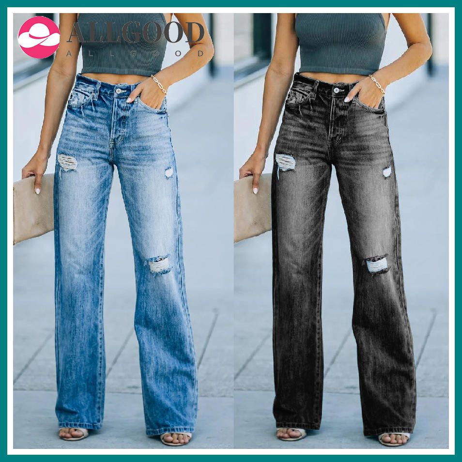 Autumn Casual Wide-leg Pants Mid-waist Women's Wash Water Denim Trousers Jeans Ripped Women  Ripped Jeans for Women