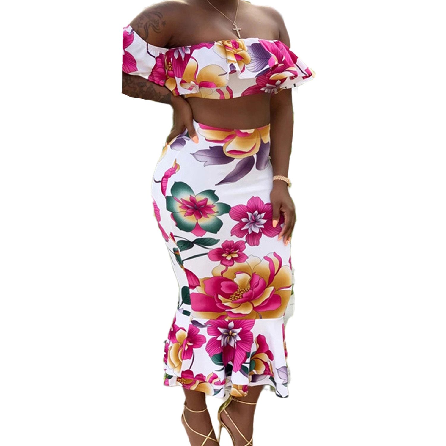 2021 Women's Floral Print Suit Off The Shoulder Ruffled Short Top + High Waist Bag Hip Long Skirt (S/M/L/