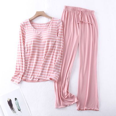 Casual Loose Pajamas for Women Long Sleeve Autumn Winter Pijamas Womens Sleepwear Bra pad Stripe Ladies Set Pyjama Femme
