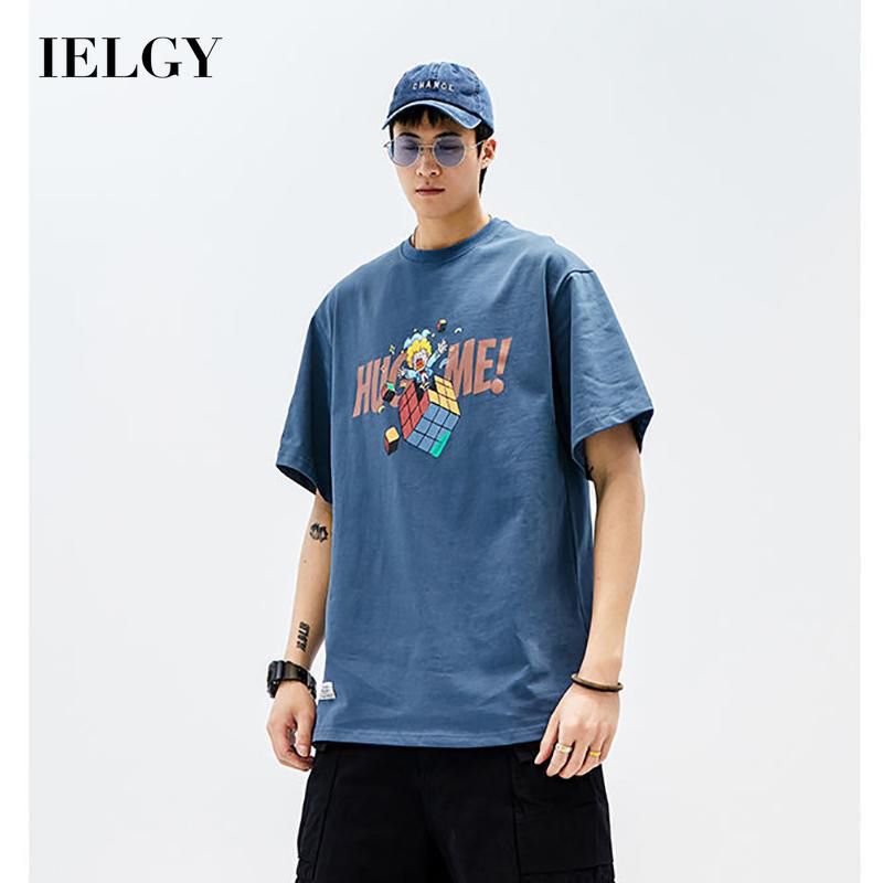 IELGY Men's Summer New Japanese Rubik's Cube Printed Short Sleeve T-shirt Trendy Brand Loose Round Neck Half Sleeve Top