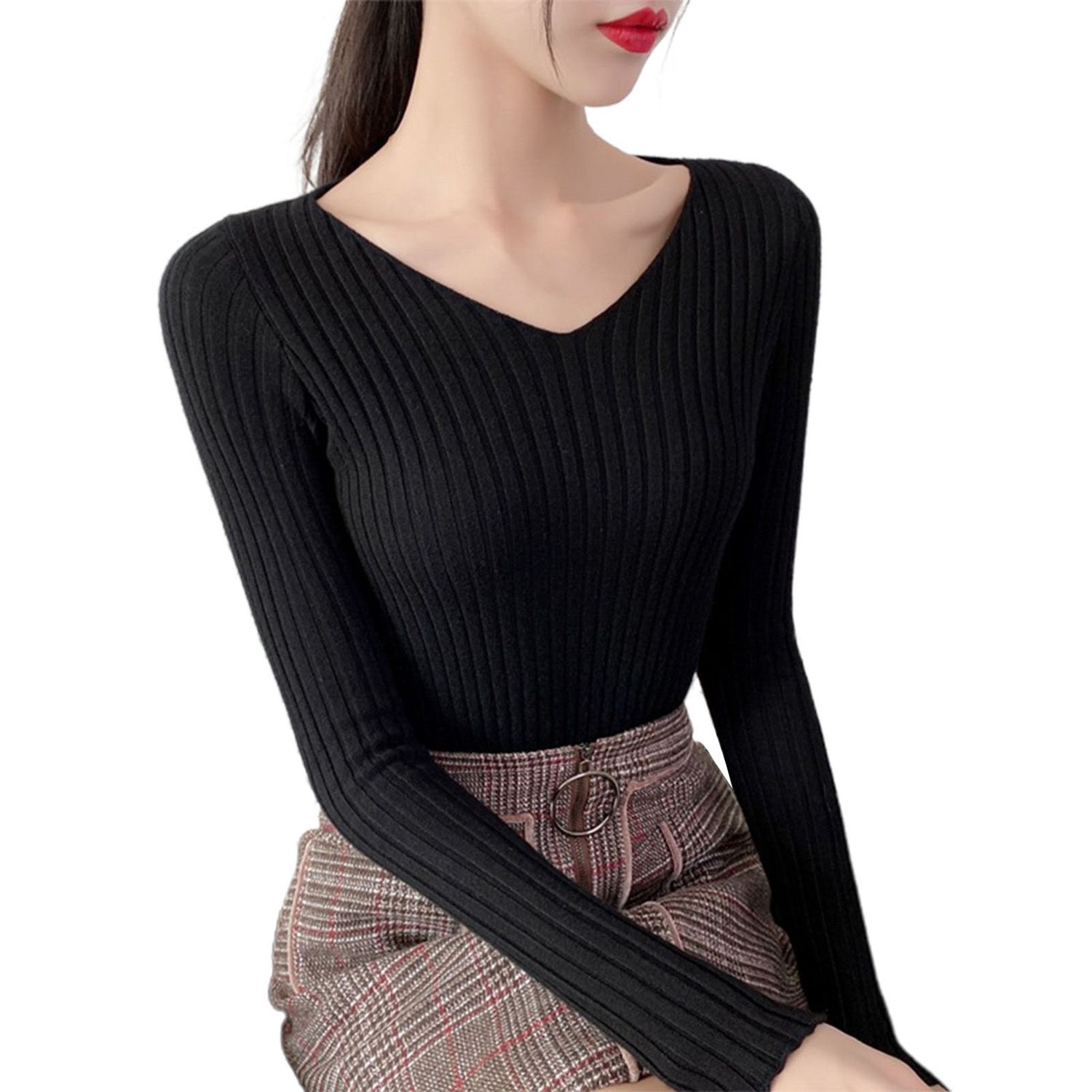 Knitted Pullover V-Neck Slim Solid Color Knitted Pullover