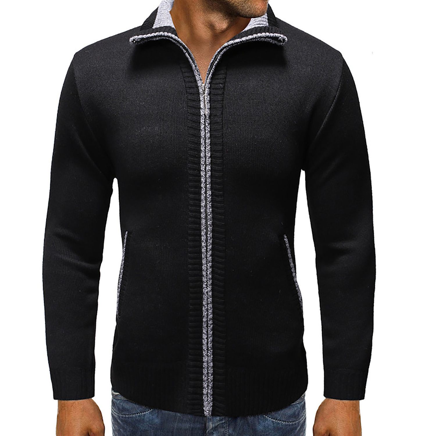 Sweater Coat Ribbed Cuff Solid Color Zipper Closure Sweater Coat