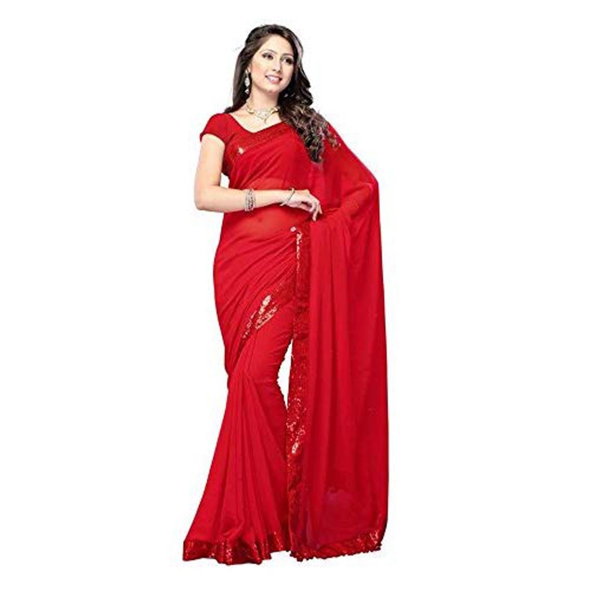 Red Women's Weightless Georgette Saree With Matching Blouse Piece
