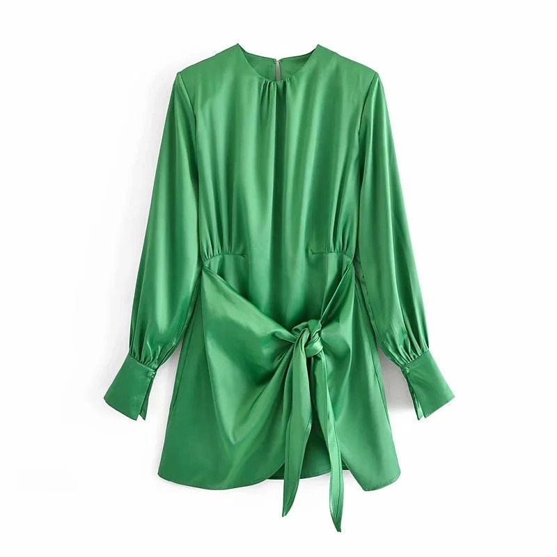 Za Green Dress Women Satin Dress Woman Elegant Long Sleeve Mini Summer Dress Lady Knot Wrap Evening Short Dresses
