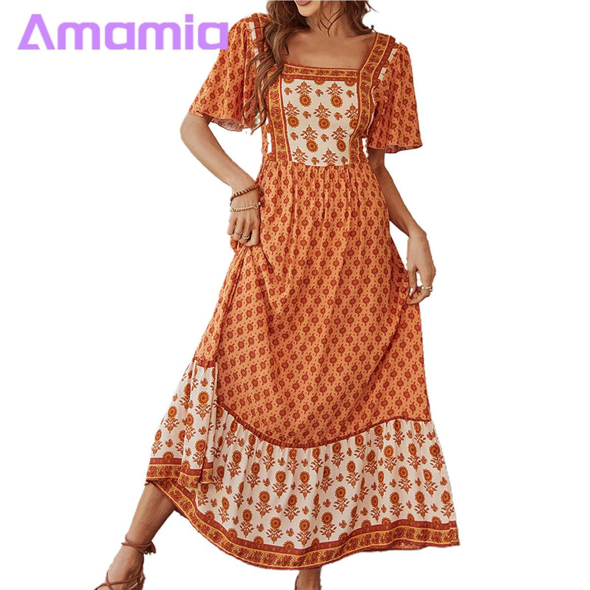 Party Dress Square Neck Vintage Elegant Pattern Summer Maxi Dress