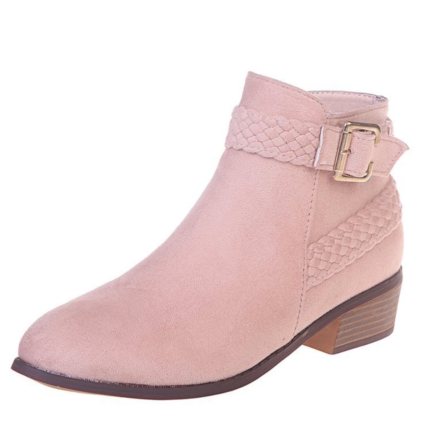 OIMG Vintage Women Suede Braided Strap Buckle Boots Low Kitten Heel Bootie Shoes