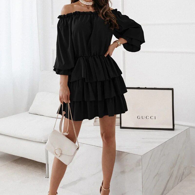 2021 Summer Slash Neck Solid Party Dress Fashion Off-Shoulder Cascading Ruffle Dress Women Casual Floral Print Sexy Mini Dresses