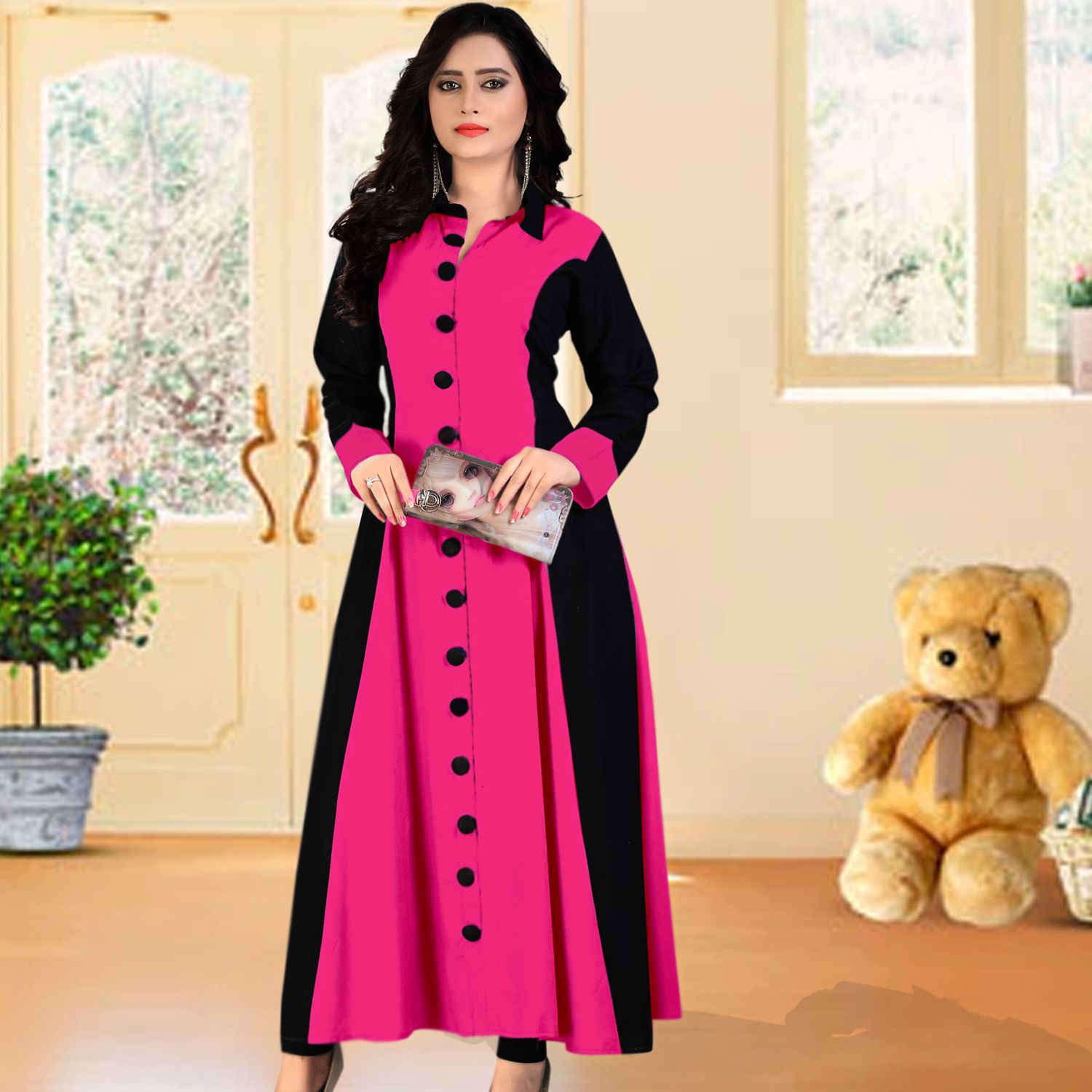 Women’s High Quality Dubai Kurti China Linen Fabric Magenta Color