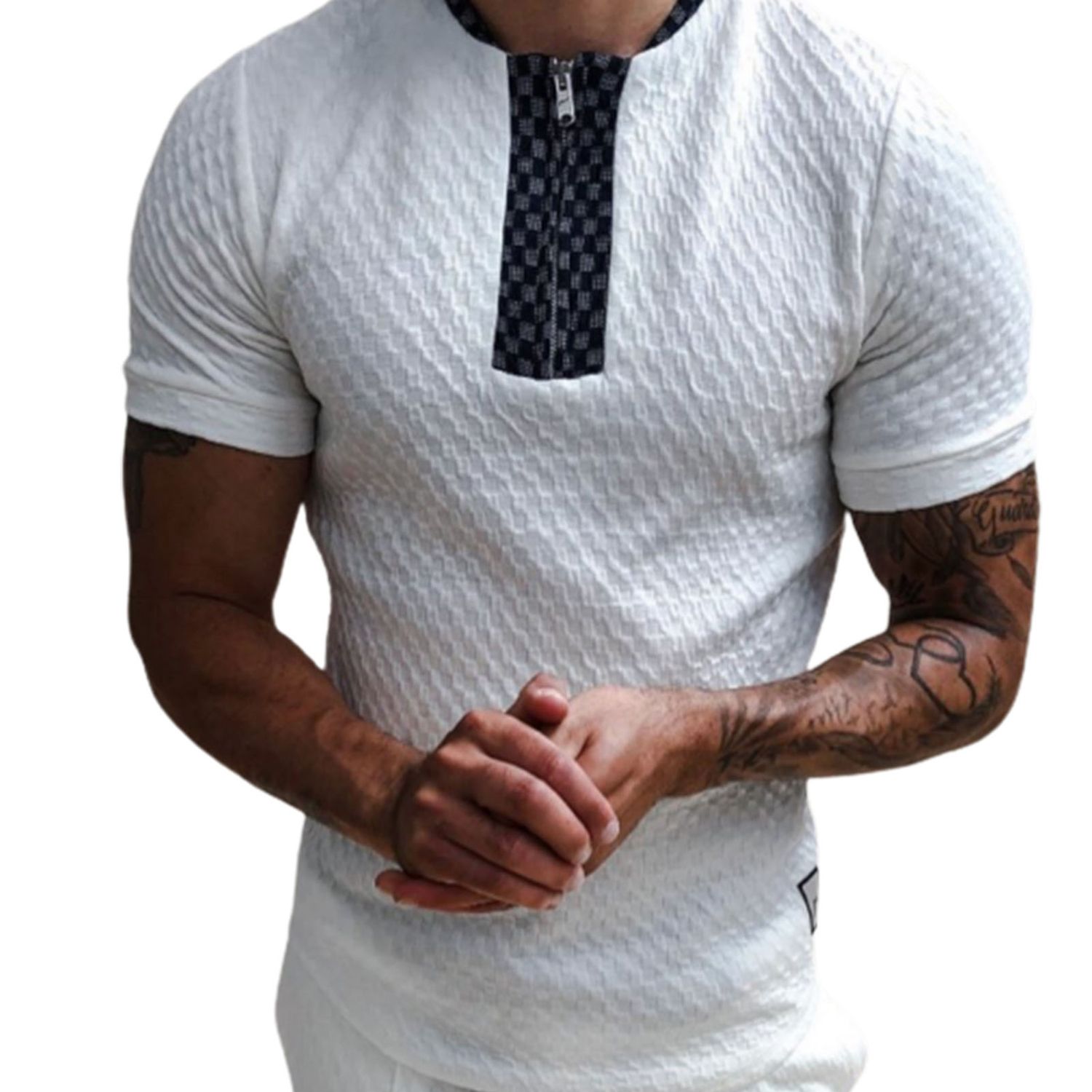 Men T-shirt Jacquard Knitted Summer Zipper Round Neck Top for Party