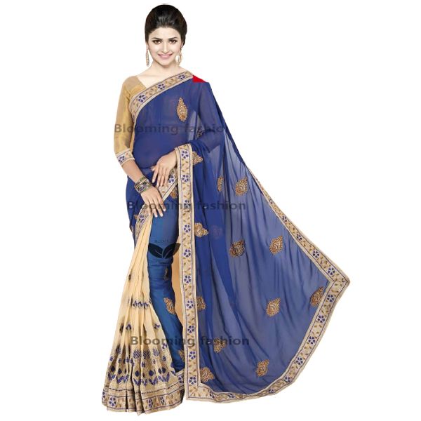 Indian Weightless Georgette Saree Blue/Bickuit Color High Quality Embroidery Work On Blouse