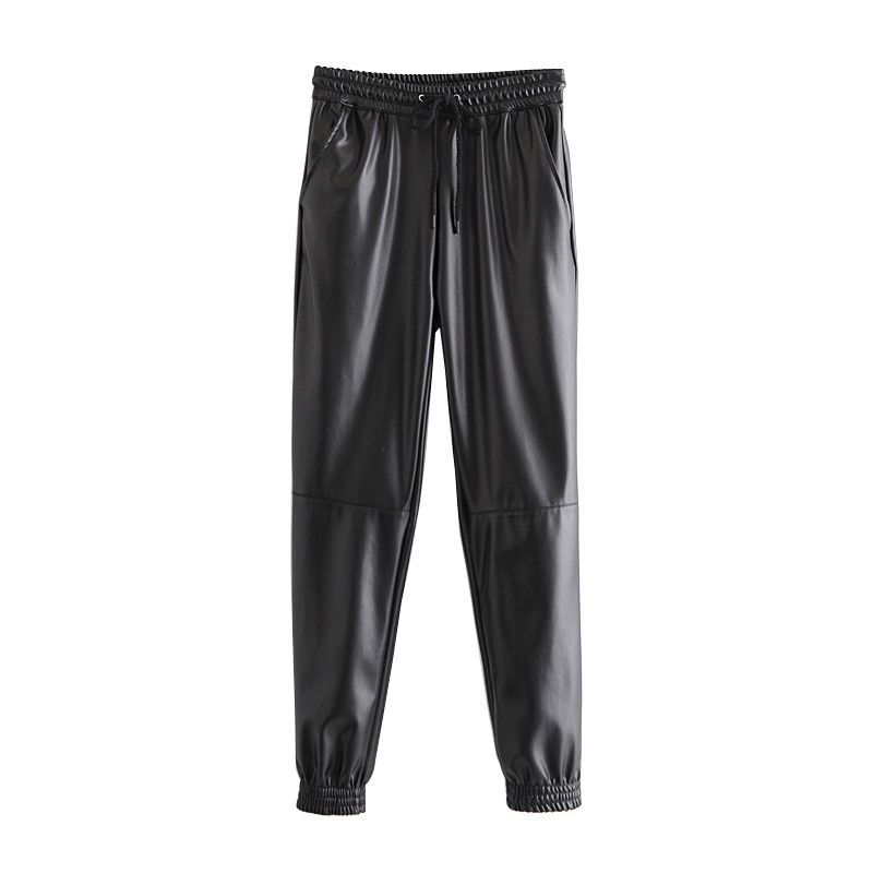 Women Fashion Side Pockets Faux Leather Jogging Pants Vintage High Elastic Waist Drawstring Female Ankle Trousers Mujer
