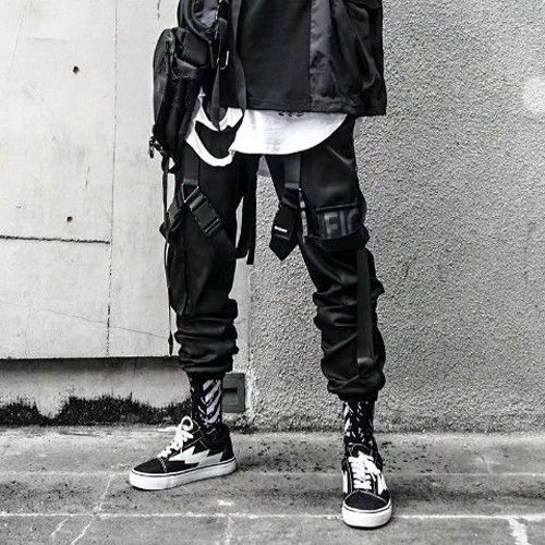 Cargo Pants for Men Joggers Hip Hop Techwear Streetwear Casual Gothic Trousers Male Summer Black Sweatpants Ribbons