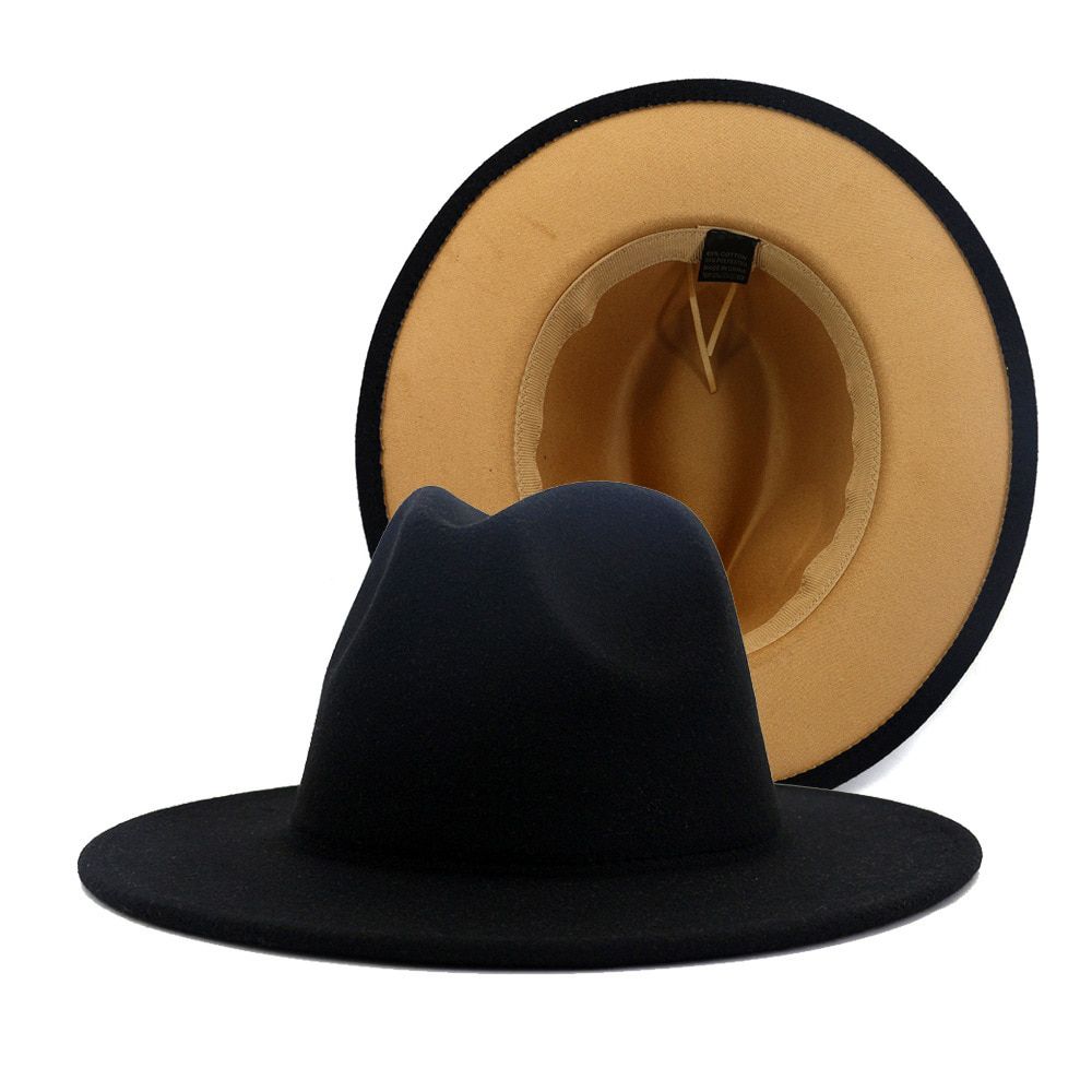 New Uni Black Red Patchwork Wool Felt Fedora Cap Men Women Flat Brim Blend Top Jazz Hats Panama Trilby Vintage Hat 58cm 60cm