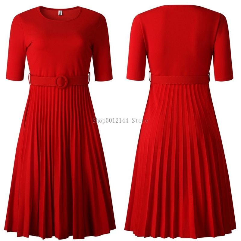 African Style Women Casual Belted Pleated Dress Elegant Chic Office Lady A-Line High Waist Dress 2020 Autumn Winter Fashion
