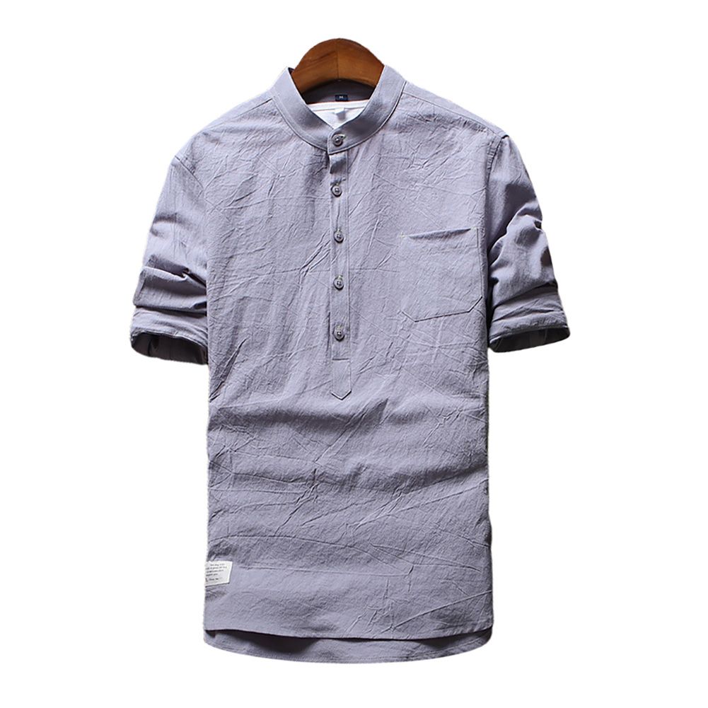 Men Casual Stand Collar Blouse Three-quarter Sleeve Cotton Linen Shirt Male Top