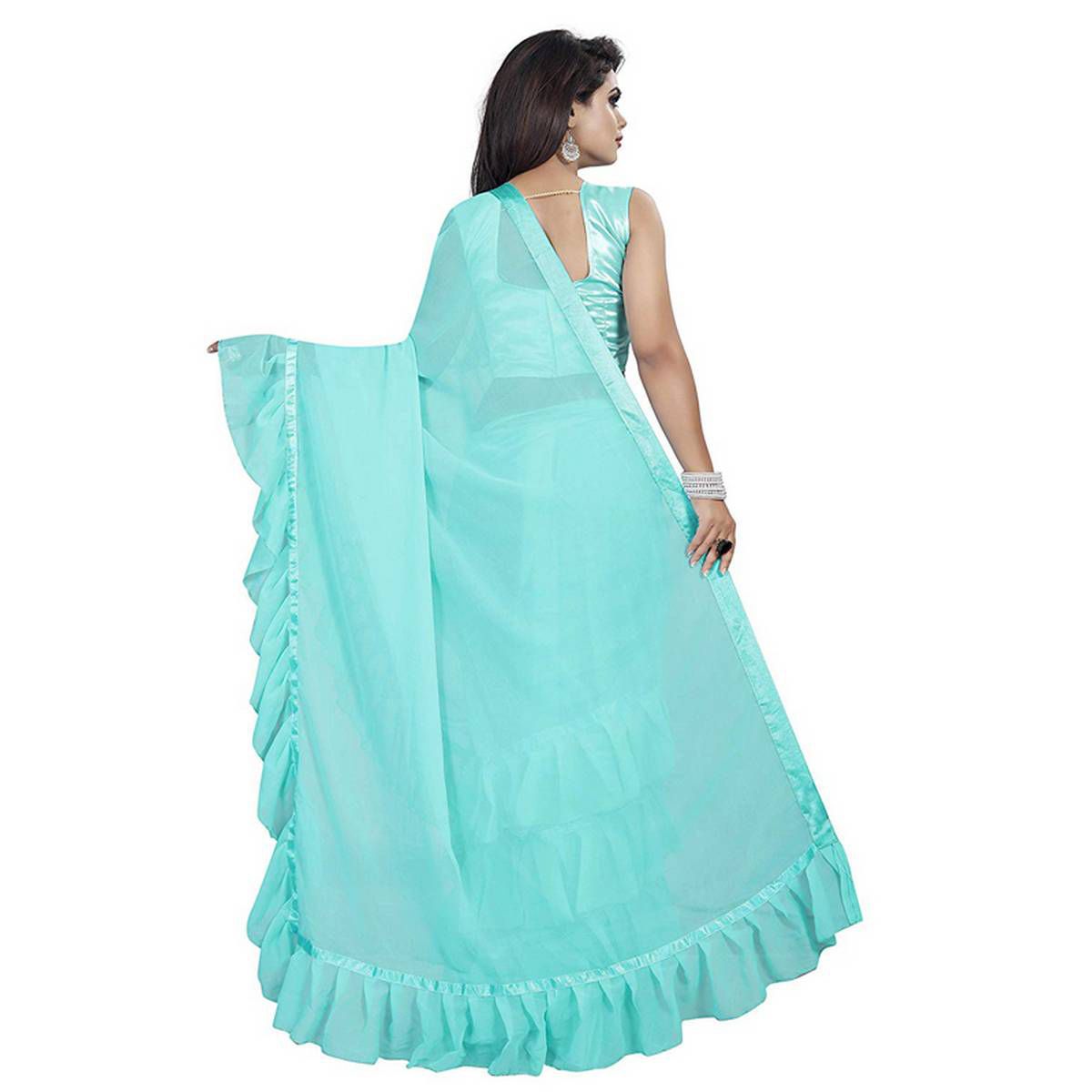 Anjaneya Sarees Women's Georgette Ruffle Frill Saree With Blouse Piece By Safi Store
