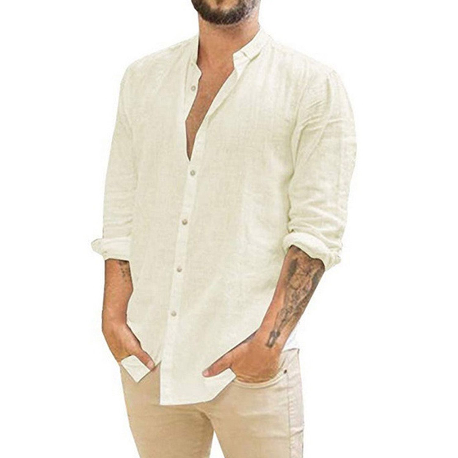 Long Sleeve Turn-down Collar Buttons Solid Color Men Casual Shirt Outwear for Vacation