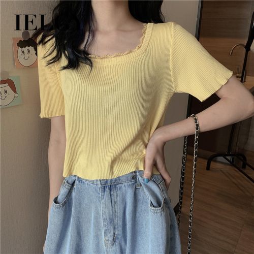 IELGY summer and Korean version of the female lace square collar short stripe was thin short-sleeved knitted T-shirt bottoming shirt top
