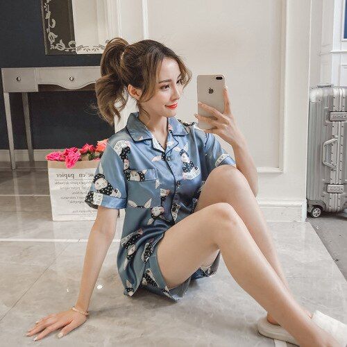 Short Sleeve Silk Pajamas Set Cute Flowers Print Sleepwear  Summer Plus Size 5XL Spring Women Nightwear Casual Home Clother