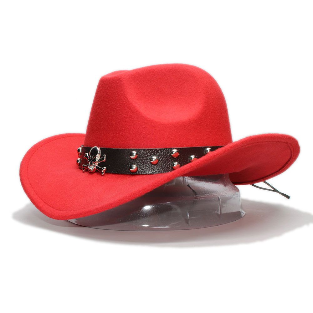 Retro Skull Band Parent-child Unisex /Kid Wool Wide Brim Cowboy Hat Cowgirl Bowler Cap (57cm/54cm)