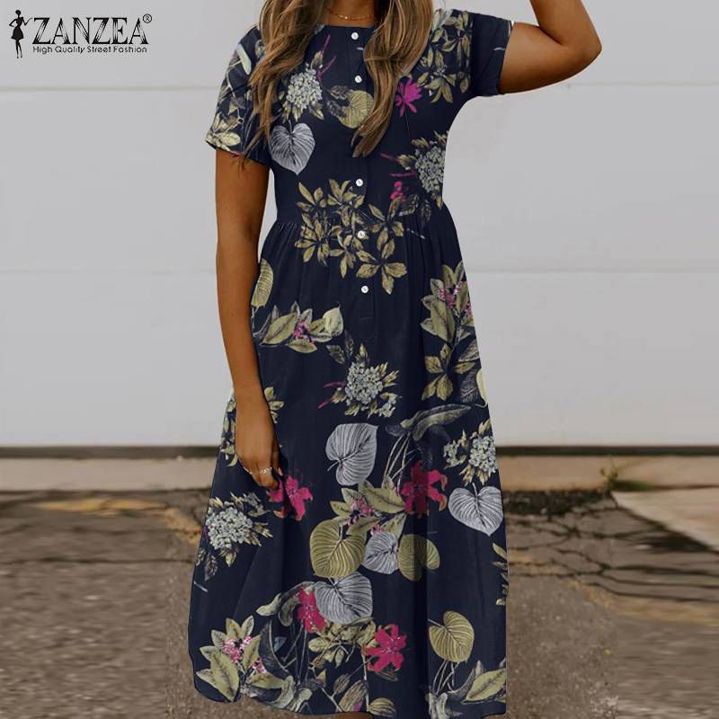 Women Summer Sundress ZANZEA 2021 Kaftan Solid Shirt Dress Casual Short Sleeve Midi Vestidos Female High Waist Robe Oversized