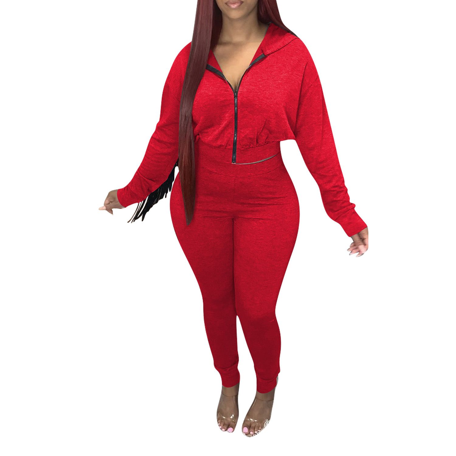 Women's Clothing Set, Back Tassel Zipper Hooded Top and Pants Two-piece Suit for Vacation Party Sports Fitness