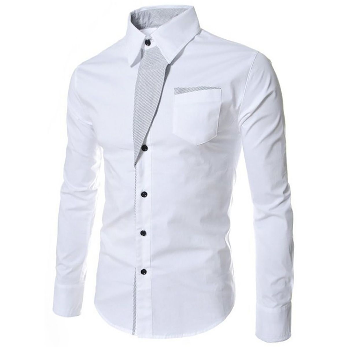 Fashion Men Stand Collar Long Sleeve Color Block Button up Shirt Slim Fit Top
