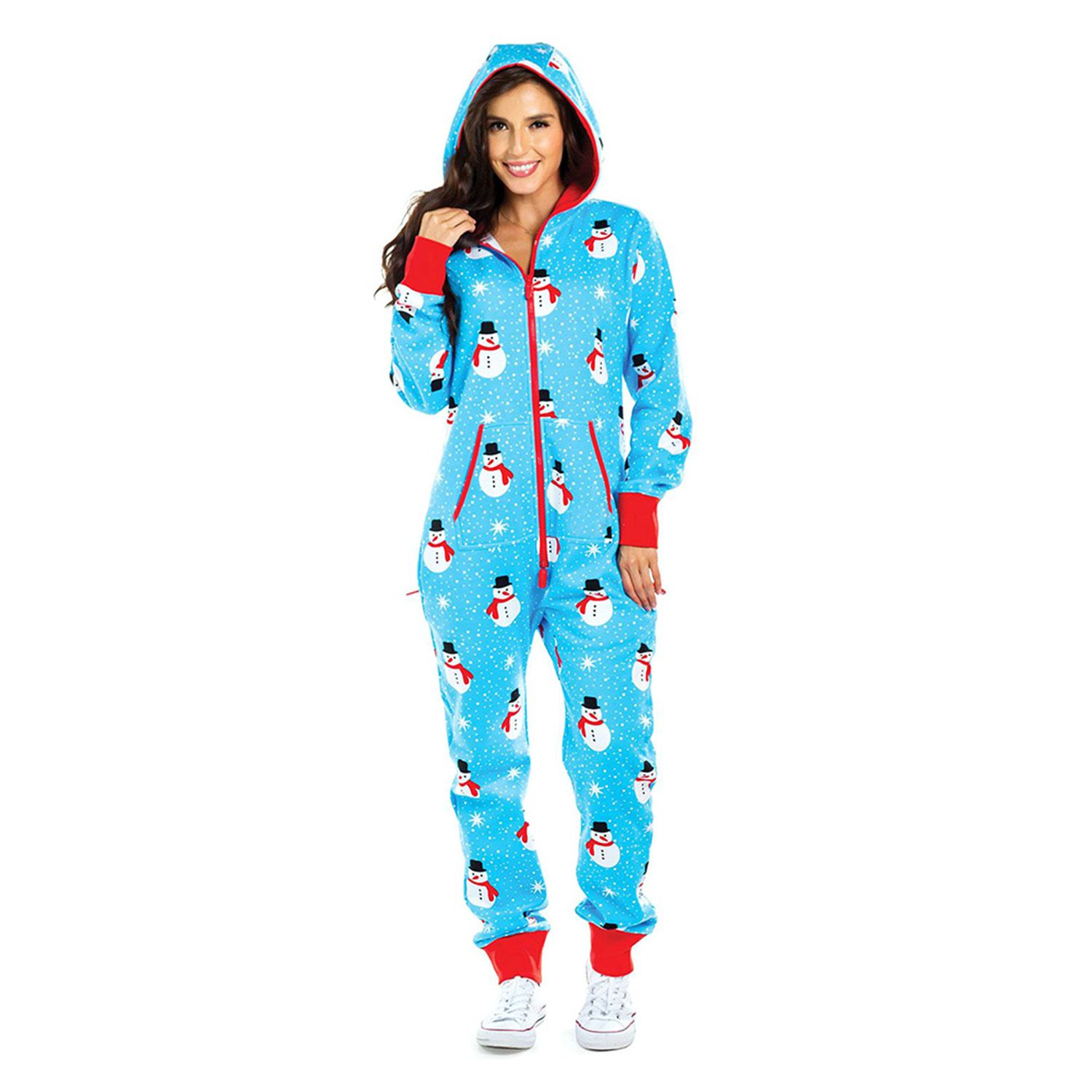 2021 Women's Christmas One Piece Pajamas with Hood, Santa Pattern Adult Cozy Jumpsuits Homewear