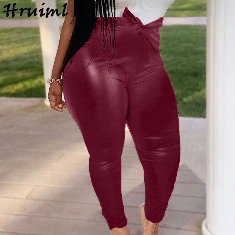 Leather Pants Women Fashion Plus Size High Waist Belt Long Trousers Autumn Winter Skinny Woman Pants Femme Pantalon