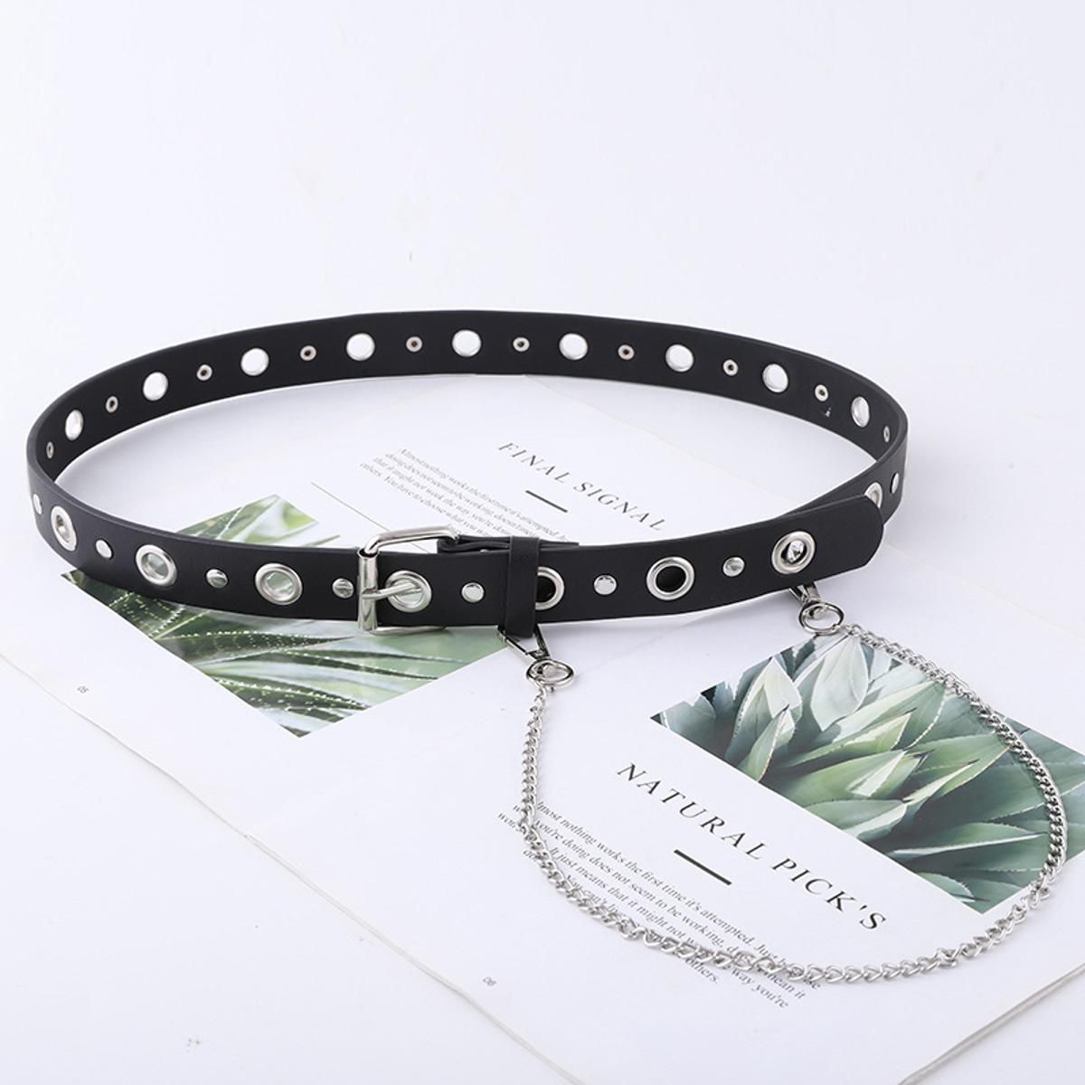 Loldeal 2.8x108cm Punk Belt Women's Fashion Chain Decoration Eyelet Button Hole Hollow-Out Concave Shape Versatile Pin Buckle Women's Belt