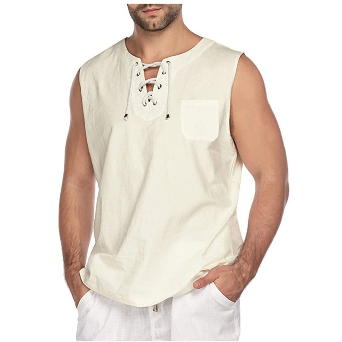 Helisopus New Mens Summe TaTops Cotton Linen Casual Sleeveless Tees Loose Lace Up O-Neck Tops Streetwear