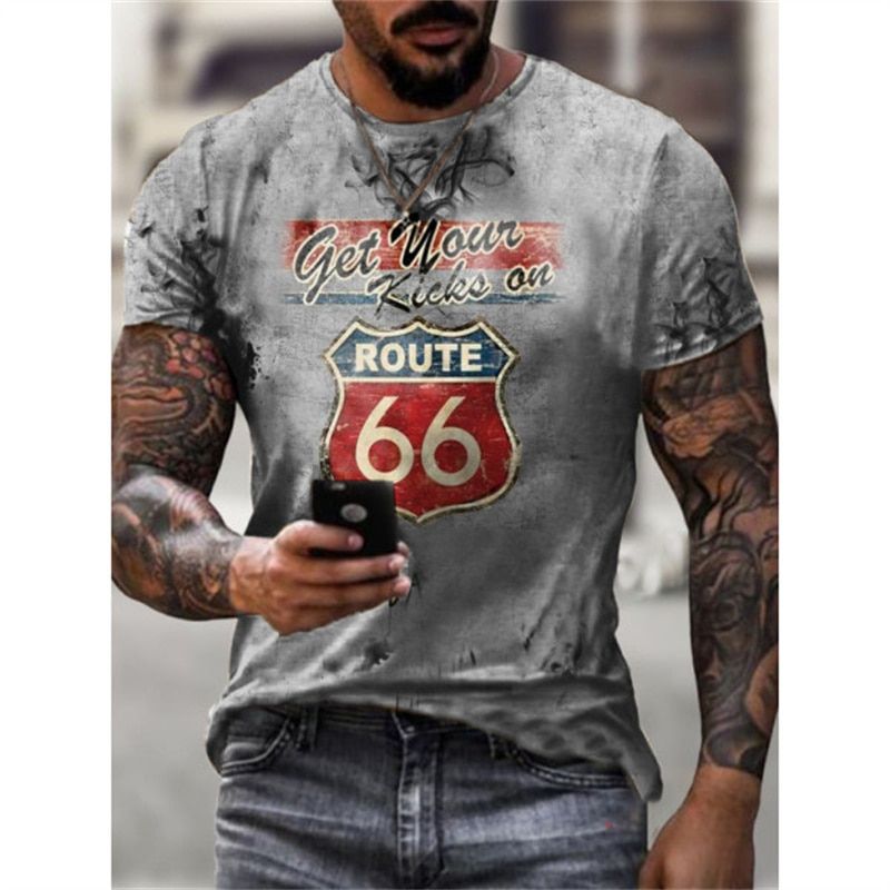 Summer Mens T Shirts Oversized Loose Clothes Vintage Short Sleeve Fashion America Route 66 Letters Printed O Collared Tshirt