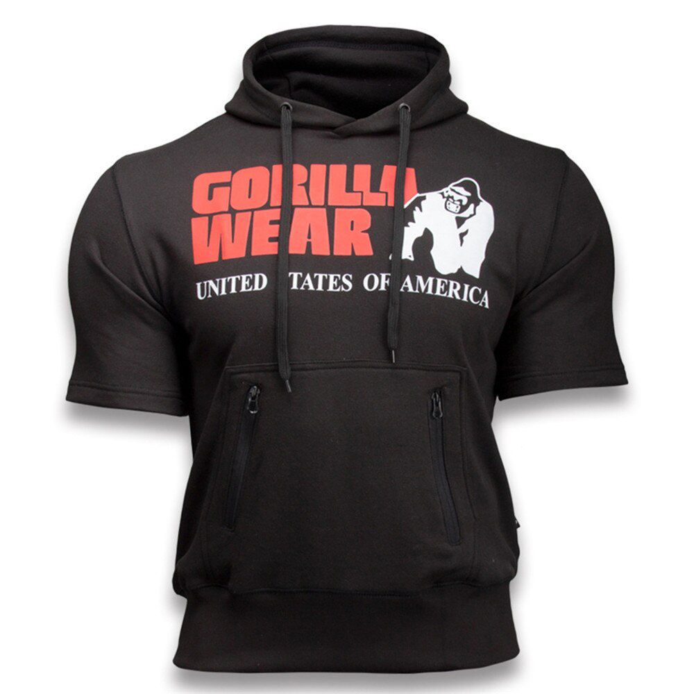 Black Gym Fitness Hoodie Men Short sleeve Sweatshirt Bodybuilding Workout Cotton Pullover Male Casual Print Tops Sportswear Coat
