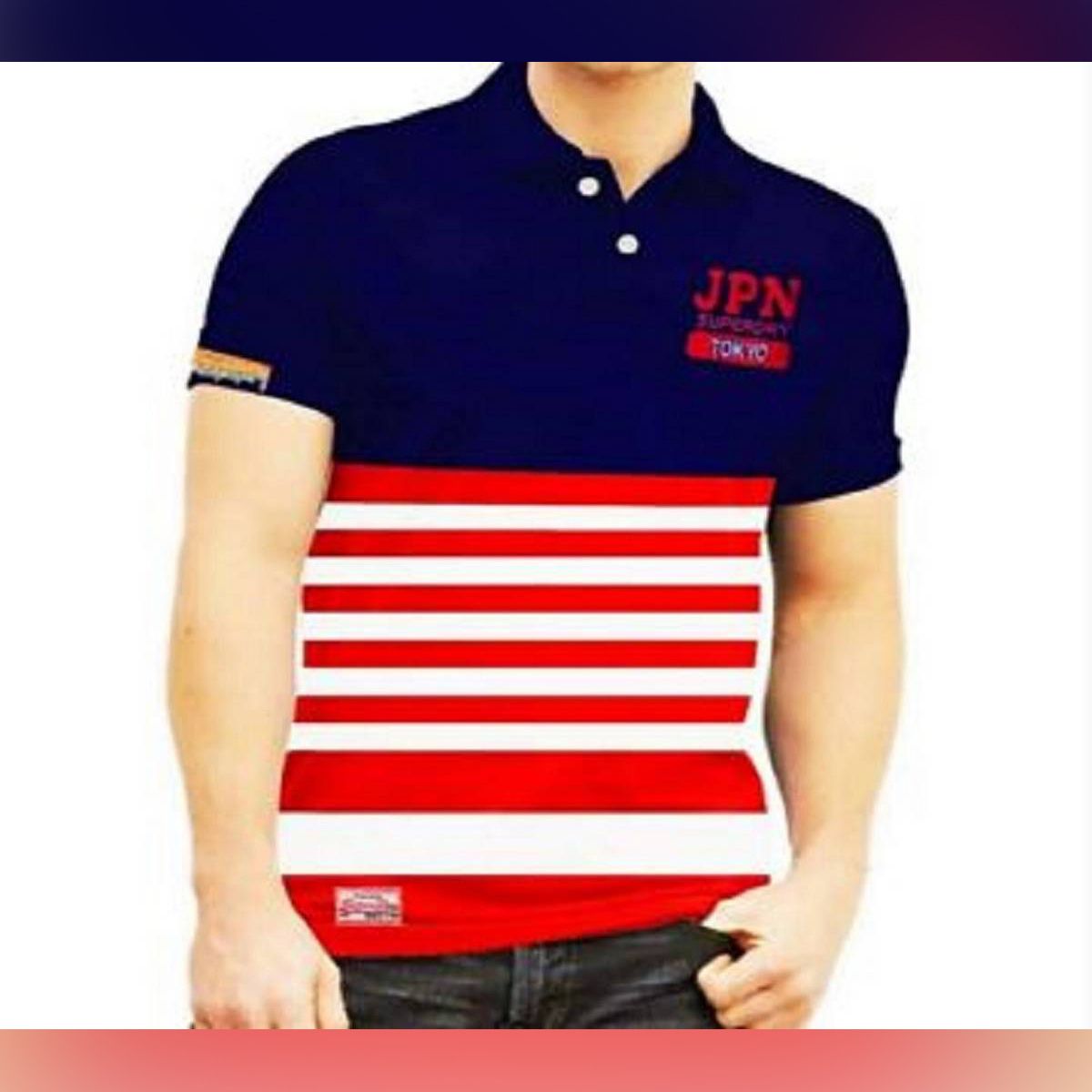 Navy and red Cotton Polo For Men
