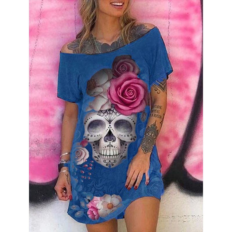 Skull Print Dresses for Women Gothic Short Sleeve Summer Dress 2021 Off Shoulder Loose Y2k Tank Dress Plus Size