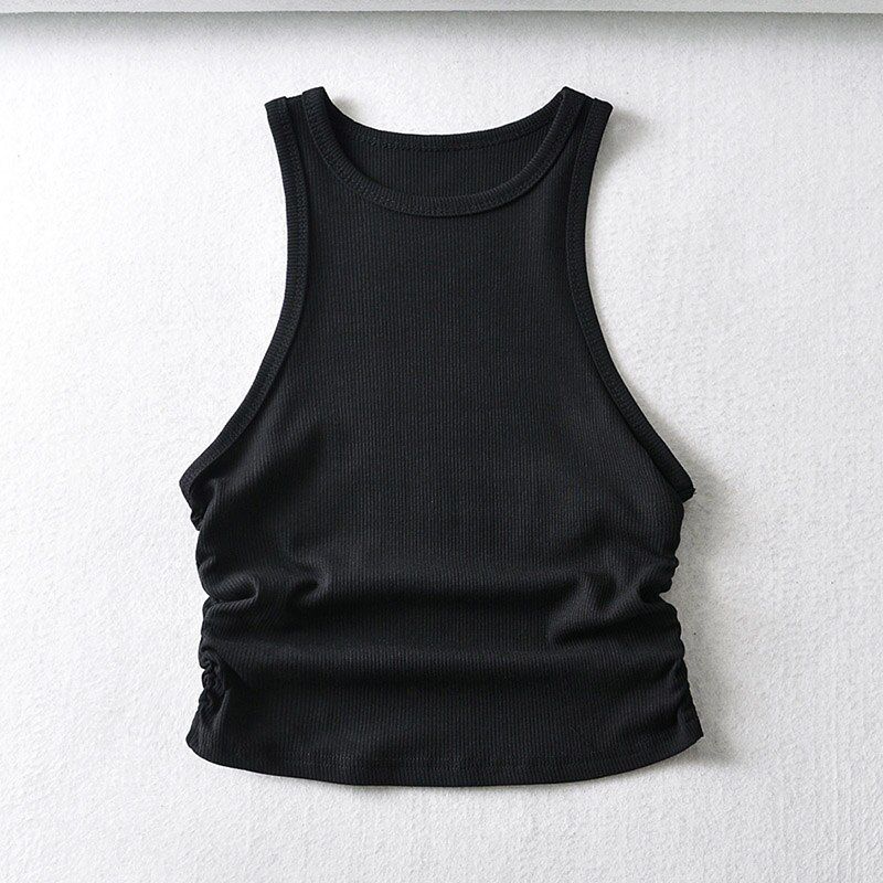 Aachoae Summer Solid Knitted Tank Tops O Neck Casual Home Short Tank Sleeveless Pleated Ladies Crop Tops Mujer Camisetas