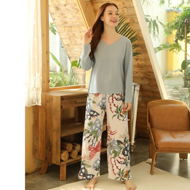 Spring Summer Floral Printed Pyjama Sleepwear Female Casual V Neck Long Sleeve Elastic Waist Nightwear Retro Women's Pajamas Set