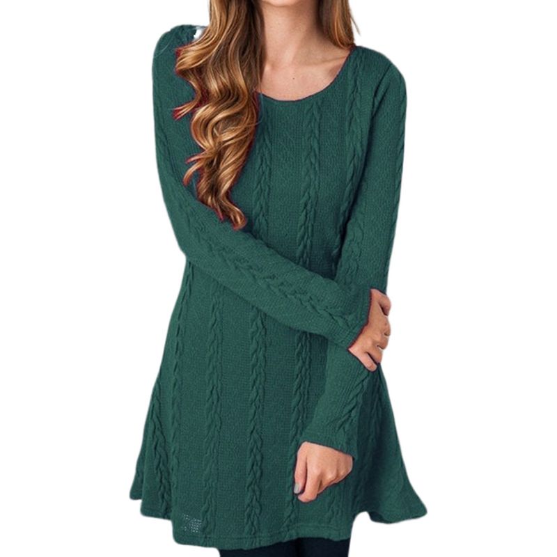 New Women Casual Fall Pullover Top Dress Loose Round Neck Sweater Mini Dress Knitted Sweater Round Neck
