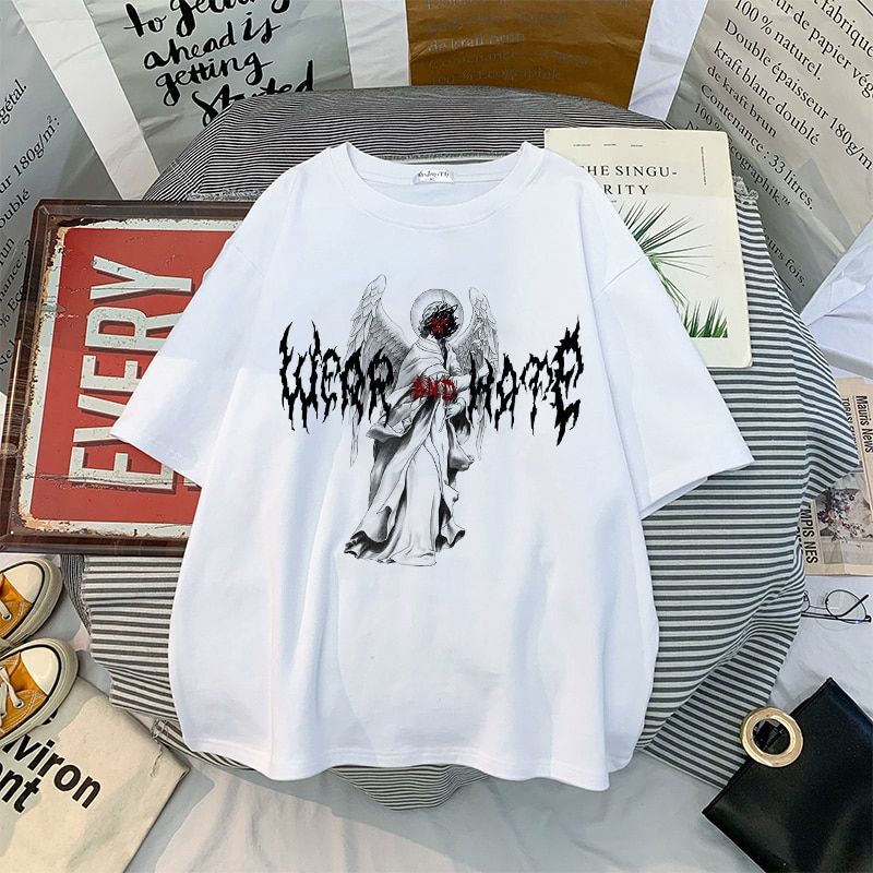 Harajuku Aesthetic Graphic tees Damaged vintage Hop short sleeve tee oversized tshirt Streetwear Harajuku Summer y2k Tops