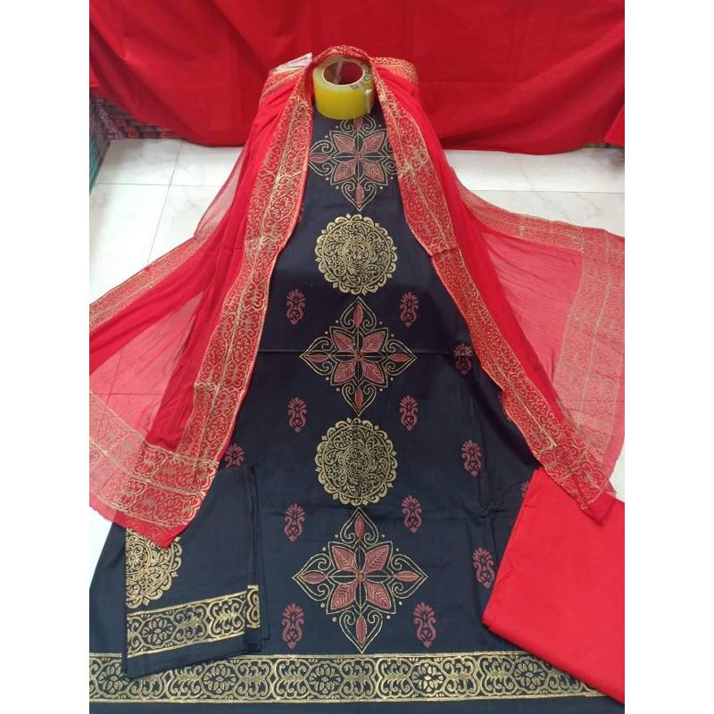 Unstitched Black Color Cotton screen Printed Salwar Kameez for Women by Women World