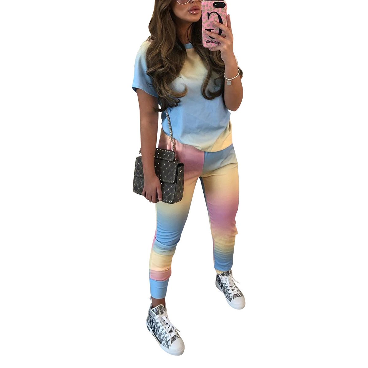 2 Pcs Women Summer Outfits, Gradient/Striped/Tie-Dyed Clothes Set Short Sleeve Round T-shirt Pocket Trousers