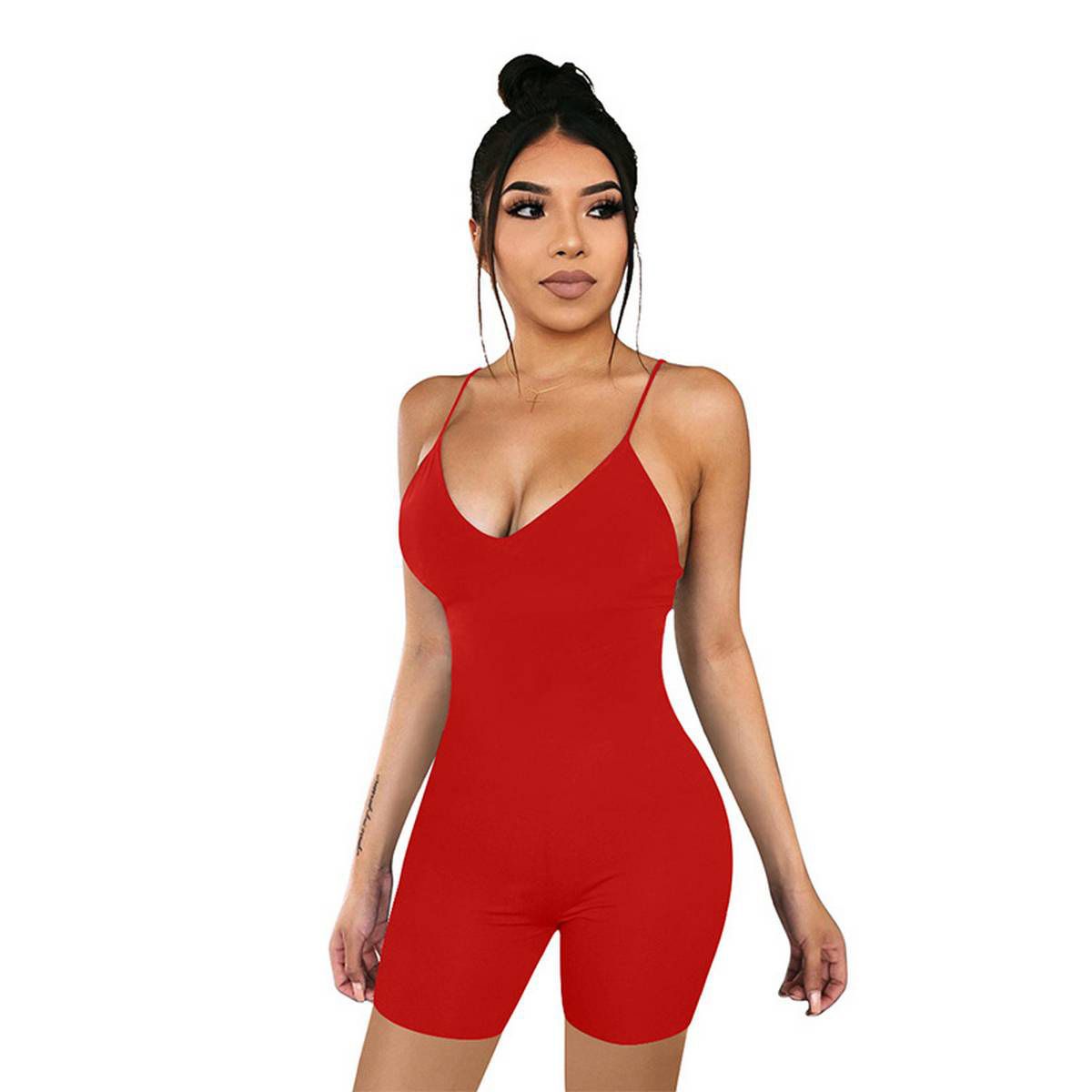 Women  Sleeveless V-neck Jumpsuit Ladies Solid Color Jumpsuit for Party Club