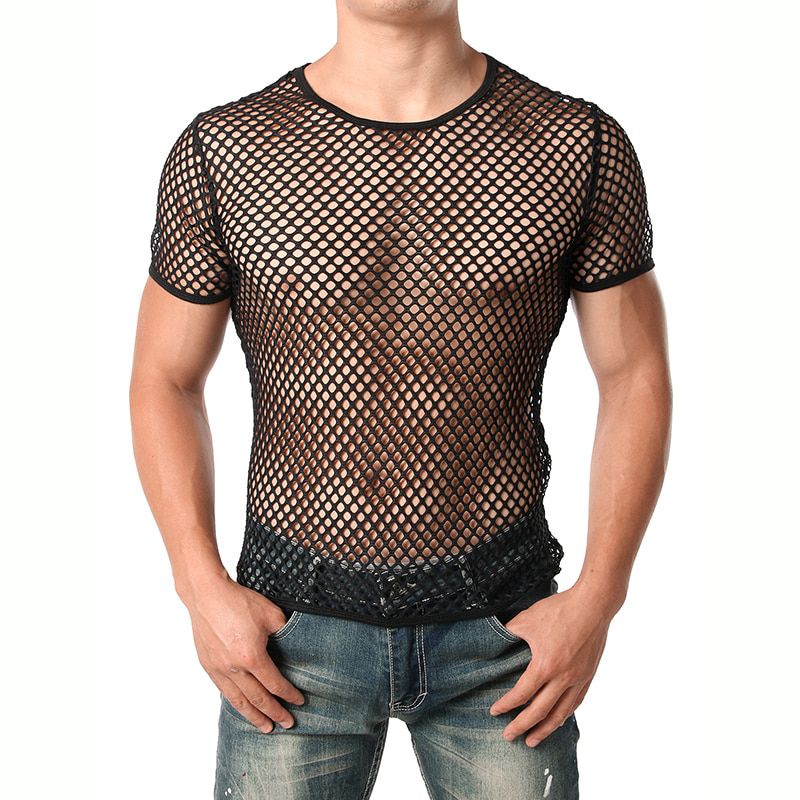 Mens Transparent  Mesh T Shirt 2021 New See Through  Fishnet Long Sleeve Muscle Undershirts Nightclub Party Perform Top Tees