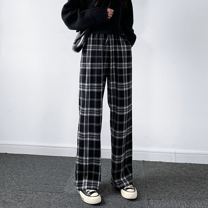 Vintage Plaid Pants Women High Waist Plus Size Wide Leg Casual Female Trousers Summer Joggers Clothes Streetwear Girl Pants