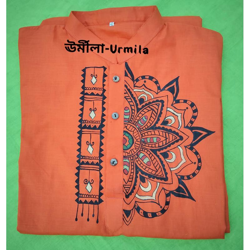 Orange panjabi / Hand painted panjabi / Hand painted khadi cotton panjabi /  best quality panjabi / cotton panjabi / hand painted panjabi /  khadi panjabi / simple design panjabi / khadi / cotton / panjabi / letest design / Orange kurta .