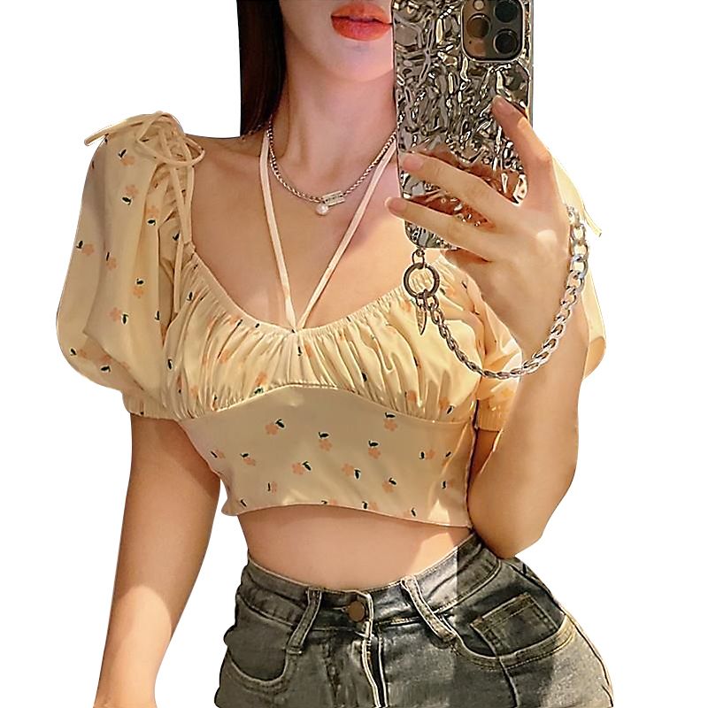 Women Summer Casual Blouse, Flower Printed Puff Short Sleeve Off Shoulder Bandage Crop Tops
