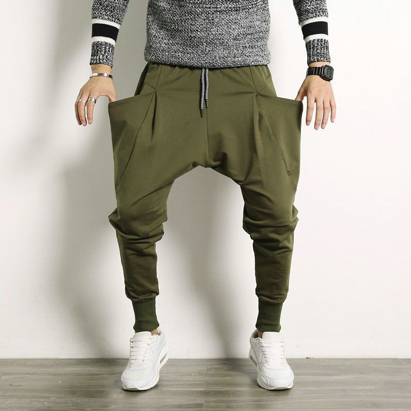 Hop Harem Pants Men Cotton Streetwear Casual Trousers Solid Jogger Pants Side Pocket Men Sweatpants